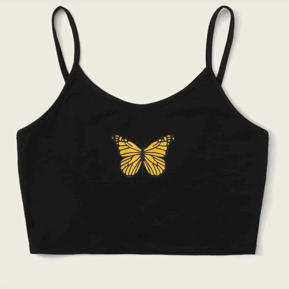โจHPโจNEW Black Butterfly Print Crop Tank Top - Picture 2 of 5